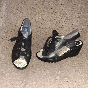 FLY LONDON-Ylva-Perforated Leather Lace Up Black Wedge-Sz 38-7.5-Near Mint
